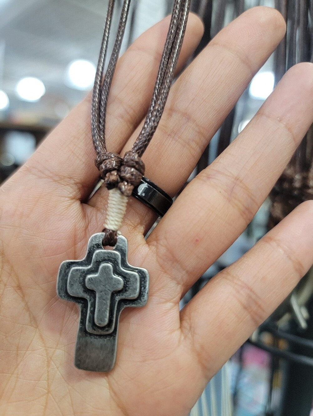 Vintage Silver Tone Cross Pendant Necklace - Brown Cord
